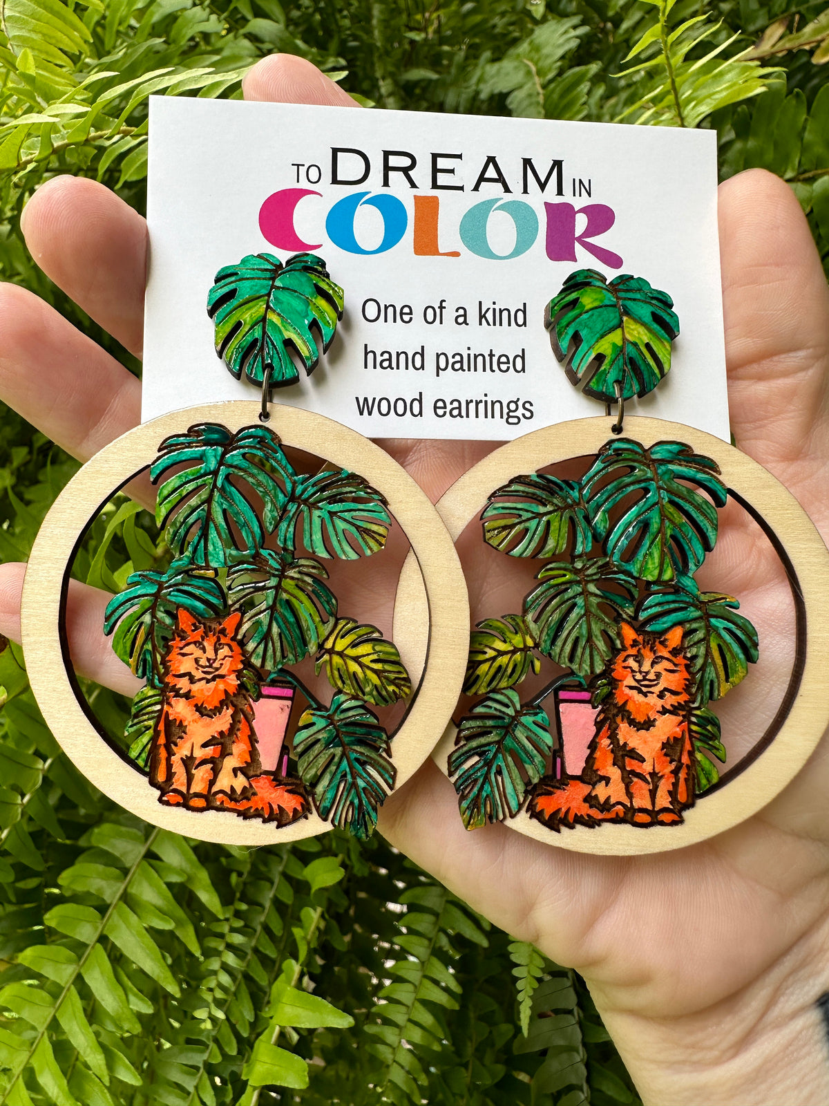Hand-Painted Orange Cat Earrings: Tropical Monstera Wood Dangles