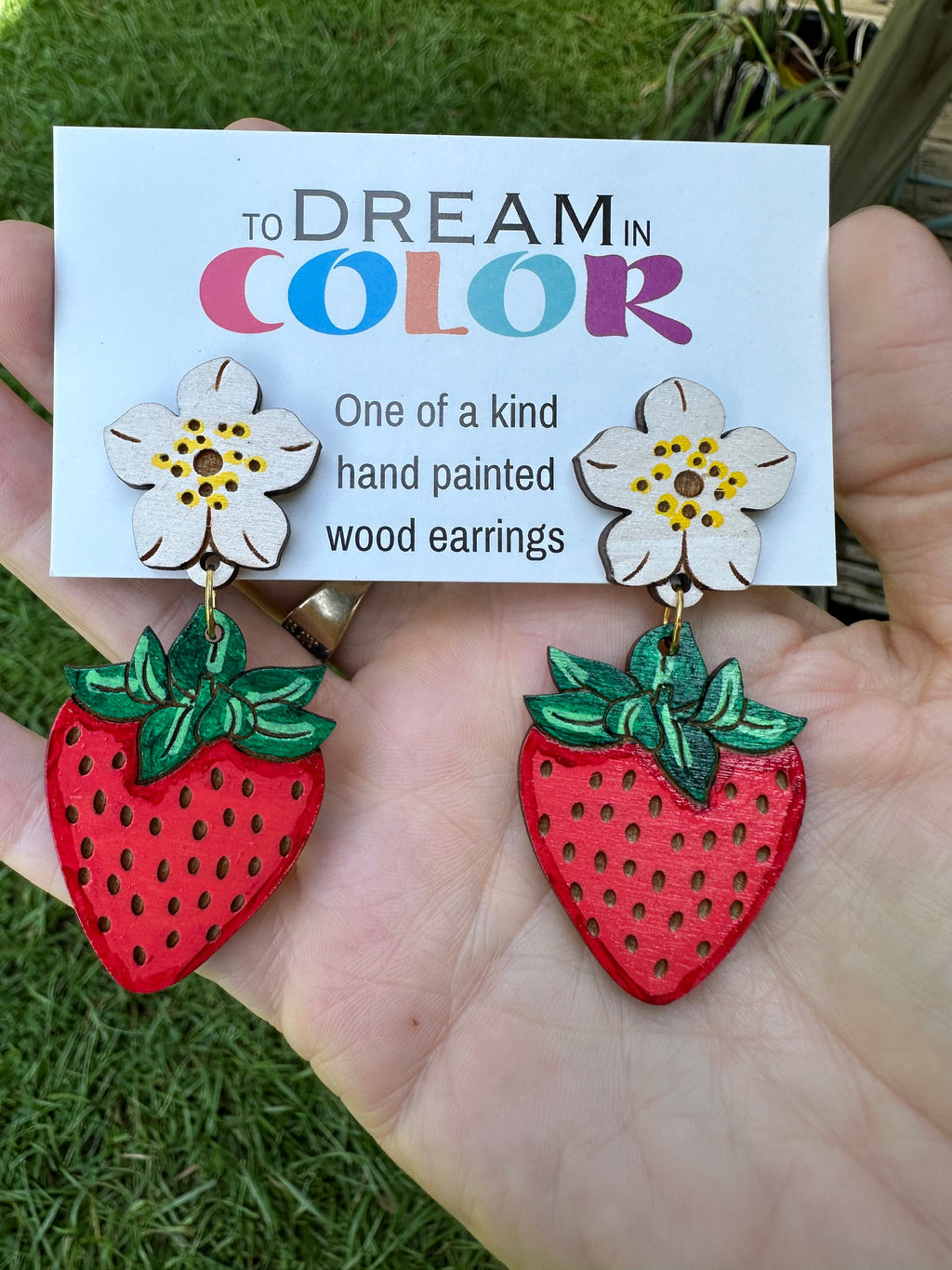 Hand-Painted Strawberry Earrings: Lightweight Wood, Summer Jewelry