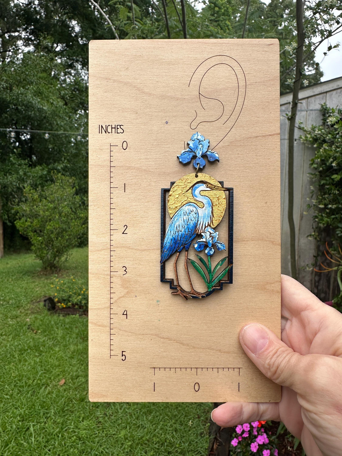 Hand-Painted Heron Earrings: Floral Bayou Art Jewelry, Lightweight Wood