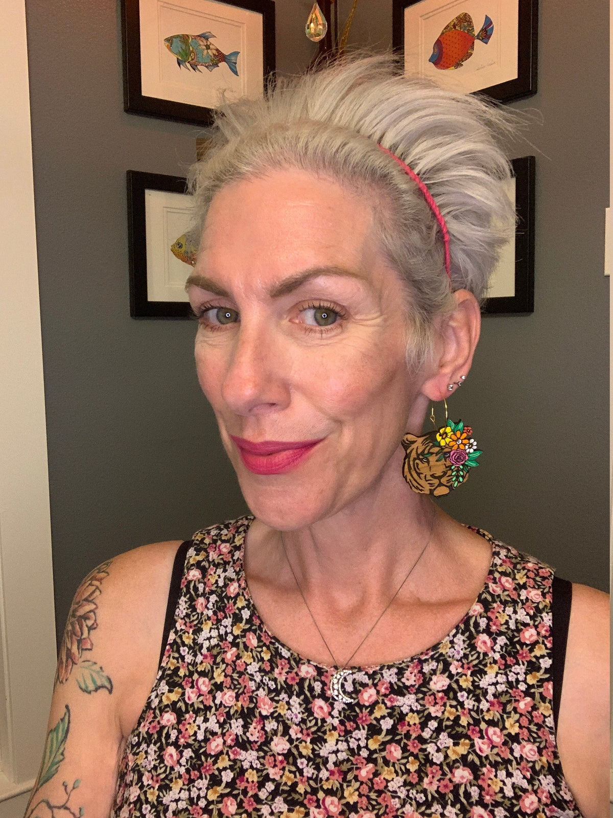 Handmade Tiger Earrings: Floral Wood Dangle Earrings