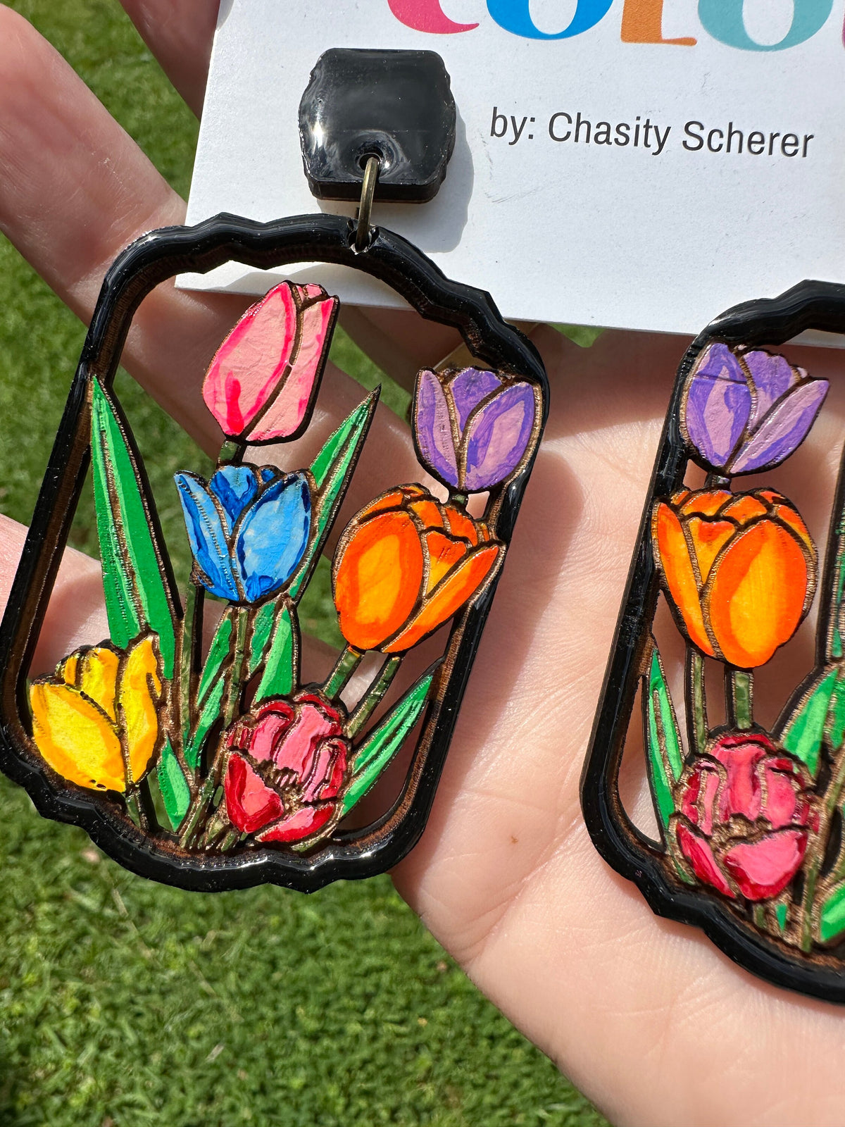 Hand-Painted Tulip Garden Earrings: Lightweight Wood Resin Floral Jewelry